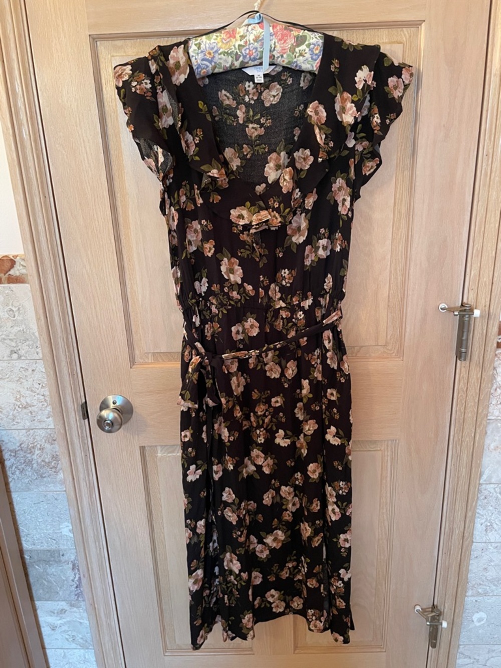 Time and Tru Black Floral Midi Dress with Pink & Green Accents